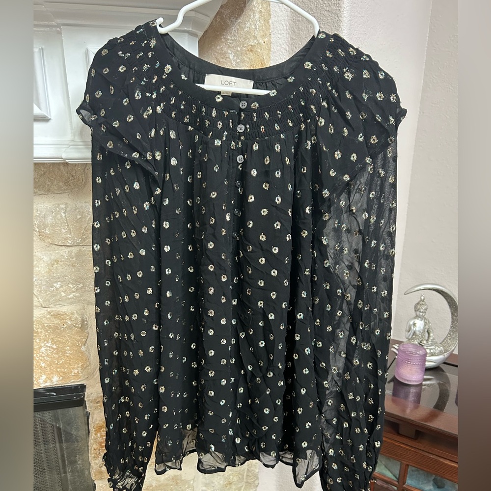LOFT Black Sheer Sleeved Blouse with Gold Embroidery
